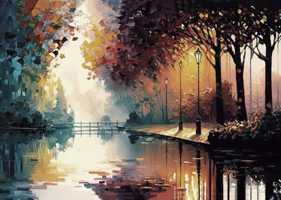 Pintura expressiva de um jardim com um riacho no outono, impressões de arte mural de F. Abderrahim