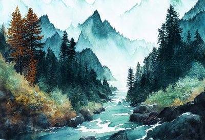 Fantasia de floresta alpina à beira-mar com rios e colinas, impressões de arte em tela de F. Abderrahim