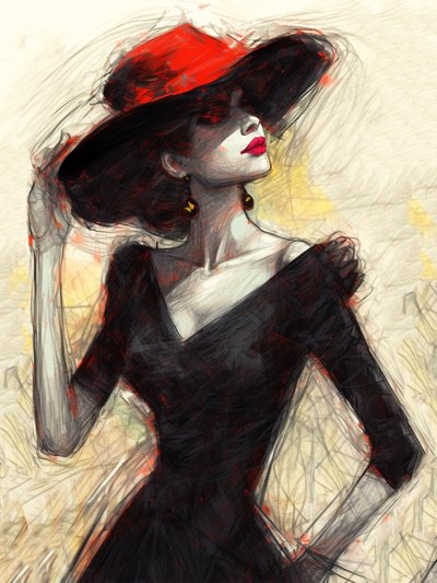 Mulher da moda com um chapéu vermelho, pintura abstrata, impressões de arte moderna para parede de F. Abderrahim