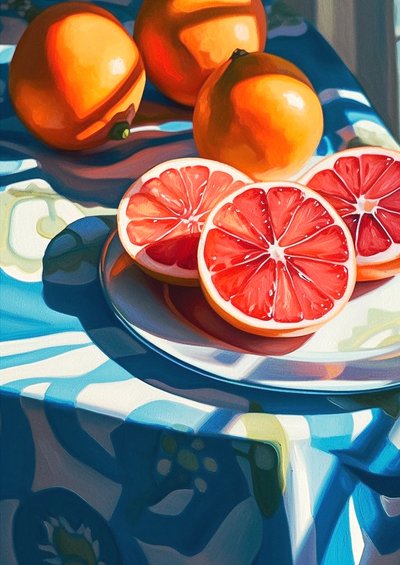 Fatias de toranja, decoração de cozinha, pintura de natureza morta, impressões de belas artes online de F. Abderrahim