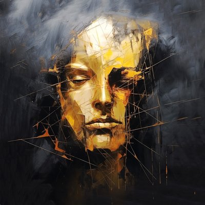 Retrato de rosto de homem numa pintura de fundo abstrato preto, impressões de belas artes online de F. Abderrahim