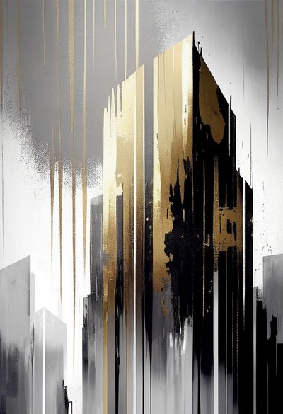 Edifício abstrato arquitetónico minimalista, pintura a cinzento e dourado impressão a pedido de F. Abderrahim