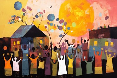 Crianças da escola a festejar no pátio da escola, Impressões de arte abstrata de parede de F. Abderrahim