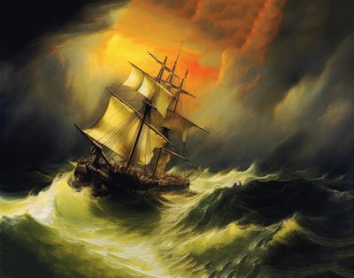Navio numa tempestade no mar, estilo de pintura de William Turner, impressão a pedido de F. Abderrahim