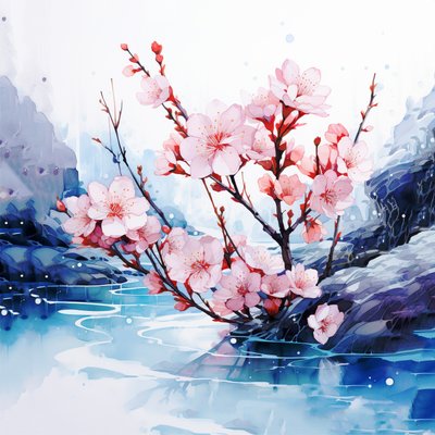 Pintura surrealista em aguarela Flores de cerejeira japonesas, impressões murais de F. Abderrahim