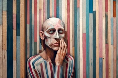Pintura surrealista de um homem triste inspirada em Giorgio de Chirico, impressões digitais de F. Abderrahim