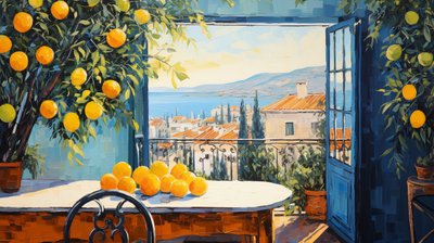 arte naïf abstrata impressionismo, janela sobre paisagem, decoração de parede para quarto de F. Abderrahim