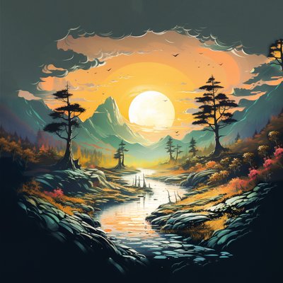 fantasia montanhas Pôr do sol paisagem natureza desenho digital , Parede Arte | Tela Impressões de F. Abderrahim