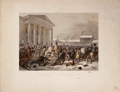 Recuar o exército francês na Praça da Câmara Municipal de Vilna, gravada por Victor Adam (1801-66) e Louis Pierre Alphonse Bichebois (1801-50) 1812 de F. Daniel