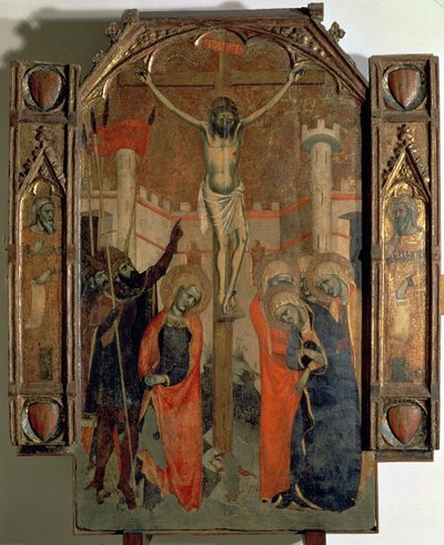 A Crucificação, parte superior do painel central do grande retábulo da Almudaina, concluído em 1358 (tempera no painel) de F. Bassa and R. Destorrents
