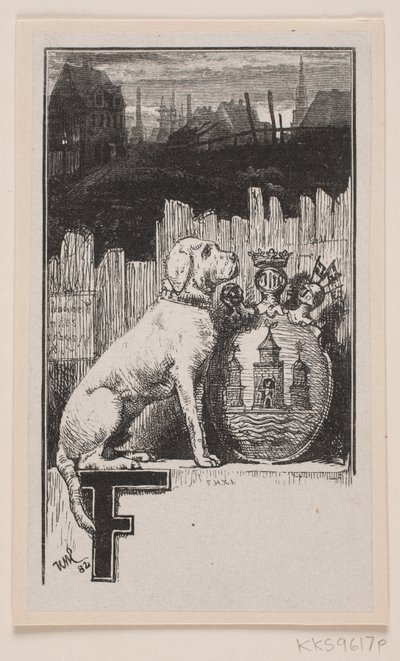 Vinheta inicial "F" com um cachorro e o brasão de armas de Copenhague de F. Hendriksen