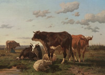 Gado e ovelha em uma paisagem, 1850 de F. Jurnet
