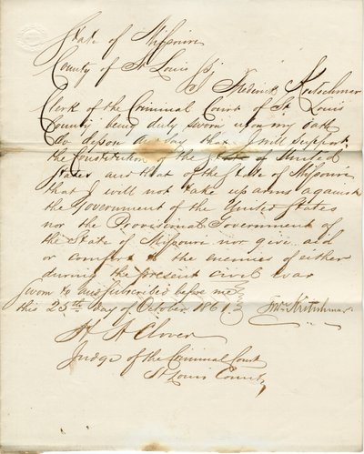 Juramento de lealdade de Frederick Kretschmar , Estado do Missouri, Condado de St Louis de F. Kretschmar