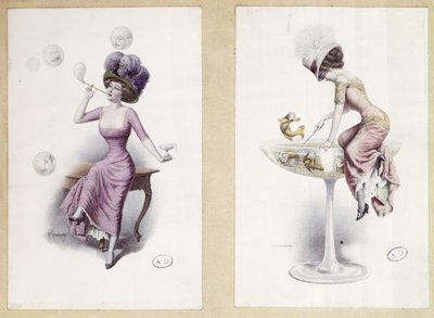 Cartões postais representando uma mulher soprando bolhas e pescando em uma taça de champanhe, c.1900 (lito colorido) de F. Kuderna