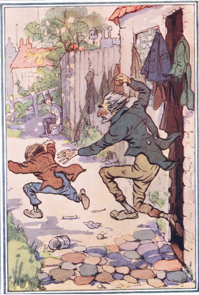 Ele saiu correndo da loja depois que os mandou voando, ilustração de David Copperfield, 1914 de F. M. B. Blaikie