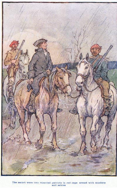 A escolta foram montados patriotas em bonés vermelhos, armados com mosquetes e sabres de F. M. B. Blaikie