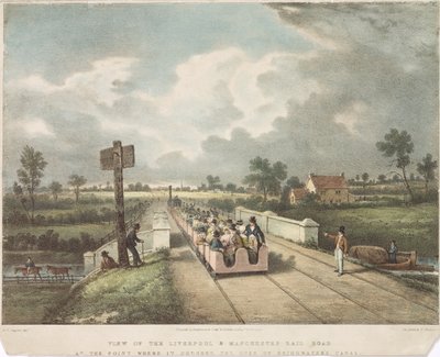 Vista da estrada de ferro Liverpool & Manchester no ponto onde cruza o canal do Duque de Bridgewaters, gravado por AB Clayton, 1831 de F. after Nicholson