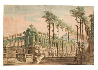 Desenho cénico de um jardim palaciano (caneta e tinta castanha, aguarela) de Fabrizio Galliari