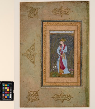 Um belo jovem segurando um raminho de narciso, c.1610 (aquarela opaca e ouro sobre papel) de Farrukh Beg
