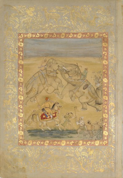 Jahangir assistindo a uma briga de elefantes, ca. 1605. de Farrukh Chela