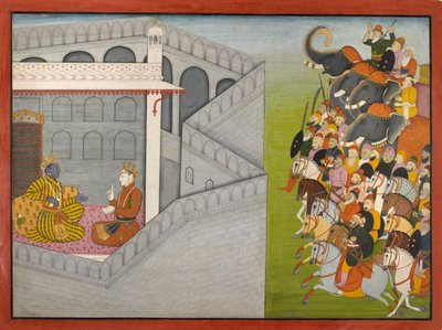 O Cerco de Mathura por Jarasandha da série Guler-Basholi "Bhagavata Purana" de Fattu