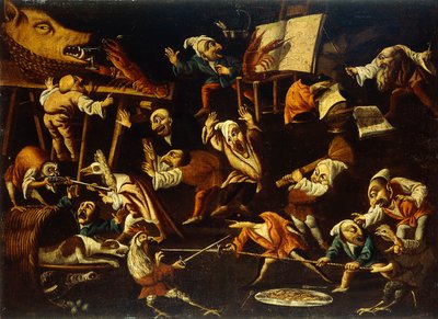 Animais imaginários e anões lutando, bebendo e festejando de Faustino Bocchi or Boccasi