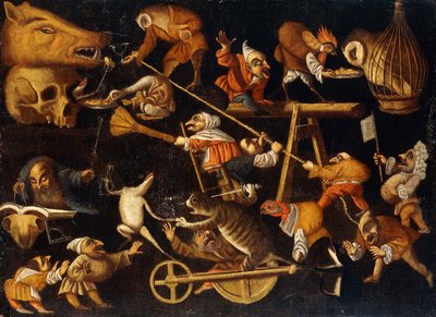 Animais imaginários e anões lutando, bebendo e festejando de Faustino Bocchi or Boccasi