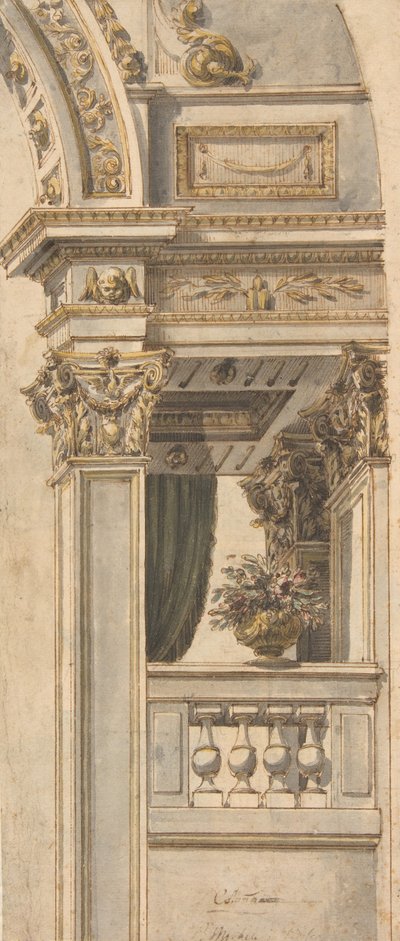 Desenho para Parte de uma Elevação de Parede com uma Varanda flanqueando um Arco, . de Faustino Trebbi
