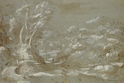 Paisagem (caneta e tinta em papel com realce branco) de Federico Fiori Barocci or Baroccio