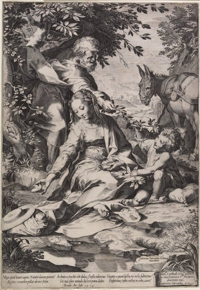 O descanso no retorno do Egito, gravado por Cornelis Cort, 1575 de Federico Fiori Barocci or Baroccio