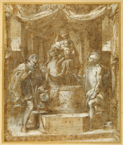 A Virgem e o Menino entronizados sob um dossel, com Sts Roch e Sebastian (caneta e tinta marrom com lavagem e altura marrom) de Federico Fiori Barocci or Baroccio
