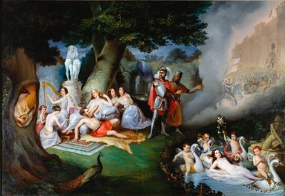Renaud no jardim de Armide Ilustração de uma cena de "A Jerusalém delivree" (La gerusalemme liberata) de Torquato Tasso (conhecida como a Caneca). O encantador Armide rodeado por um seduto muito simbólico Amours com a ajuda do seu espelho mágico o cavaleir de Federico Peschiera