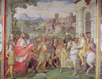Charles V (1500-58) com Alessandro Farnese (1546-92) em Worms, da &39;Sala dei Fasti Farnese&39; (Salão dos Esplendores dos Farnese), 1557-66 (ver 95812) de Federico Zuccaro