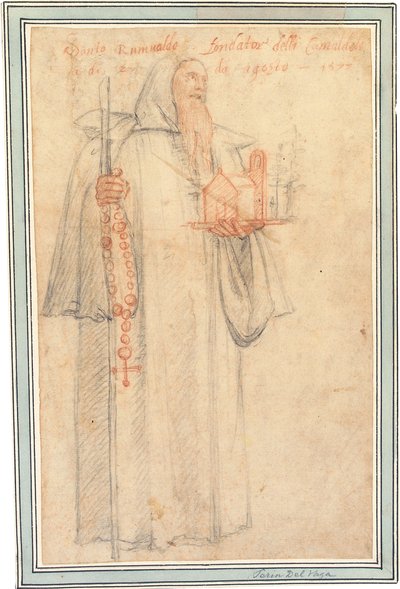 Fra Stefano, procurador dos camaldolitas em Vallombrosa, como São Romualdo, segurando um modelo de igreja e um rosário, 1577 de Federico Zuccaro