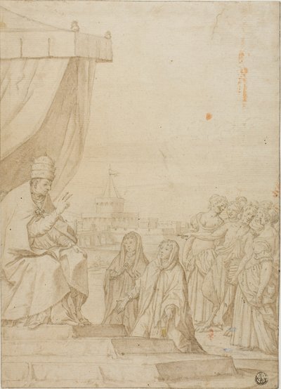 O Papa abençoa duas mulheres na presença de um sátiro e de mulheres reunidas, com o Castelo de Santo Ângelo em pano de fundo de Federico Zuccaro