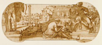Taddeo no pátio do Belvedere no Vaticano, desenhando o Laocoön de Federico Zuccaro