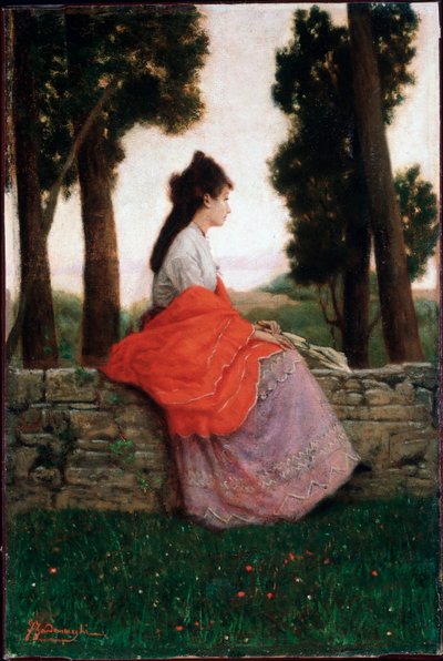 Jovem à espera de algo, sentada numa pequena parede - Pintura de Federico Zandomeneghi (1841-1917) Colecção privada de Federigo Zandomeneghi