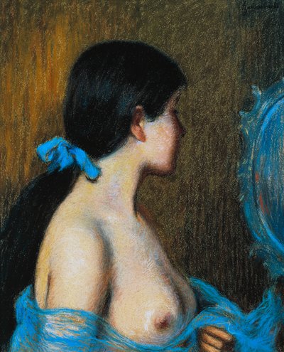 Mulher jovem ao espelho, por Federico Zandomeneghi (1841-1917), pastel sobre papel montado sobre tela, 46x38 cm de Federigo Zandomeneghi
