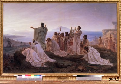 ""O Hino ao Sol Nascente de Pitágoras"" Cerimônia ritual na Grécia antiga inspirada nas teorias pitagóricas relacionadas à música e às estrelas. Pintura de Feodor Andreyevich Bronnikov (1827-1902) 1869 Galeria Estatal Tretyakov Moscou de Fedor Andreevich Bronnikov