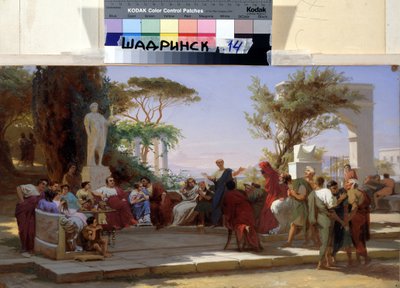 O poeta latino Horace recordando as suas Sátiras em Mecene. Século XIX (Óleo sobre papelão) de Fedor Andreevich Bronnikov