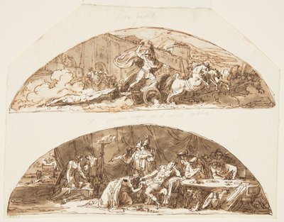 Aquiles arrasta o corpo de Heitor pelas muralhas de Tróia, Príamo implora pelo corpo de Heitor, Projetos de teto para a Galleria di Achille, Palazzo Milzetti, Faenza, Itália de Felice Giani