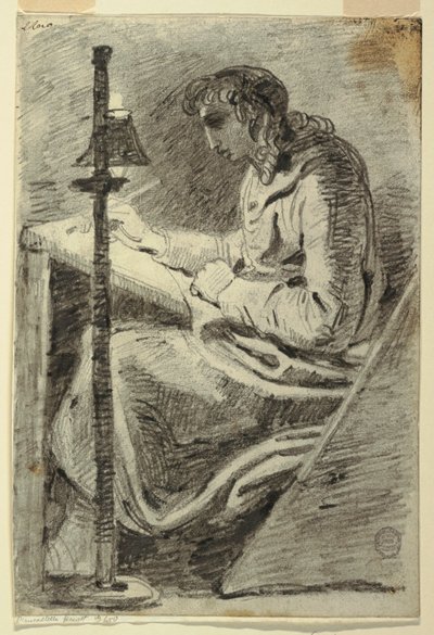 An Artist Drawing by Lamplight de Felice Giani