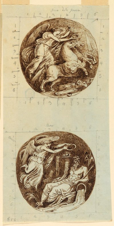 Desenho, Uma Vitória Alada Montada numa Carruagem; Uma Vitória Alada Coroando um Deus do Rio, Reno; duas rodelas, ca. 1805 de Felice Giani