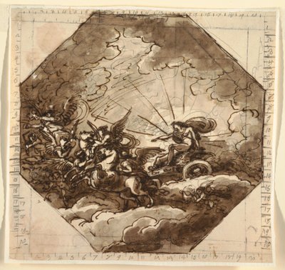 Desenho, Apolo na sua carruagem com Aurora, Sala Ottogonale, Palazzo Milzetti, Faenza, 1804-05 de Felice Giani