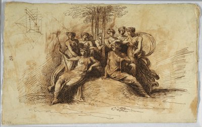 Desenho, Autorretrato de Felice Giani; reto:  Musas sentadas debaixo de uma árvore, finais do século XVIII-início do século XIX de Felice Giani
