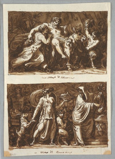 Desenho, folha de um caderno de esboços:  O Triunfo de Sileno; Sacrifício a Baco, 1800-1810 de Felice Giani