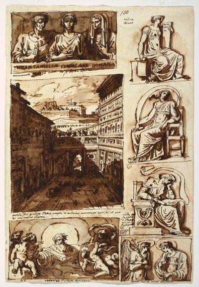 Desenho, Várias obras de arte.  A corte do Palazzo Mattei em Roma, 1812-14 de Felice Giani