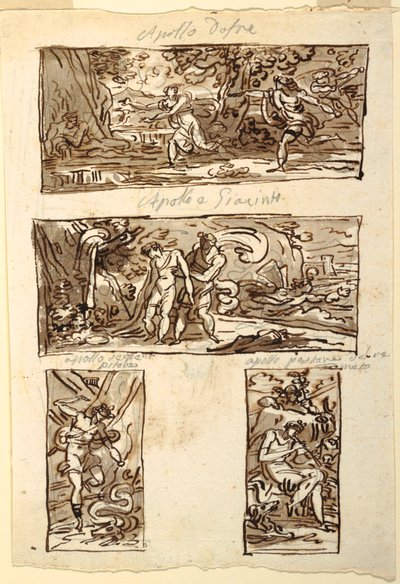 Quatro Desenhos do Mito de Apolo; Decoração de uma parede sobre uma cornija de lareira, Sala di Apollo, Palazzo Cavina, Faenza de Felice Giani