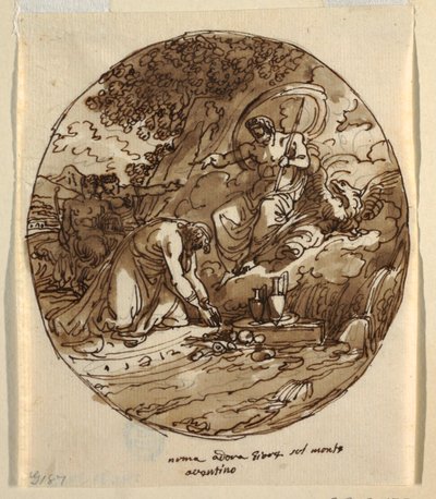 Numa Pompilius adorando Jove no Aventino, projeto de teto para a Sala di Numa Pompilius, Palazzo Milzetti, Faenza de Felice Giani