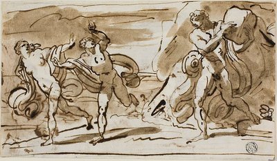 Polifemo Jogando Pedregulhos no Fuga Aeis e Galatea (reto); Polifemo tocando sua flauta de junco para Galatea (verso) de Felice Giani